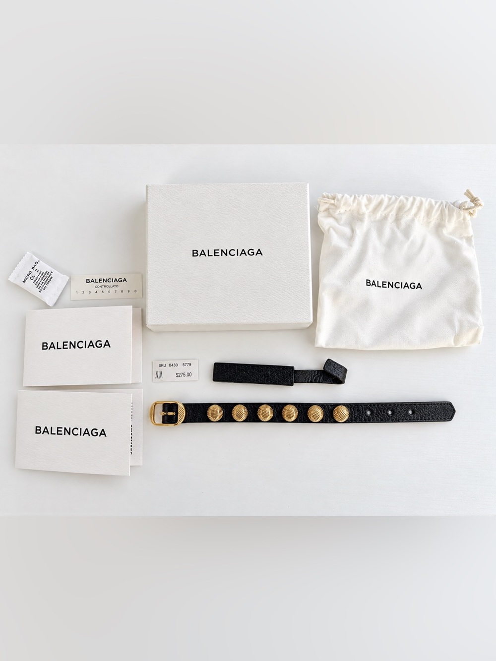 Balenciaga Giant Stud Black Leather Gold Bracelet Y2K Archive Full Set